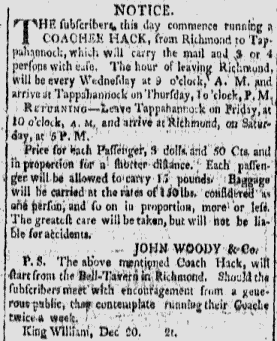 1806 John Woody Coach Advertisement in Richmond News